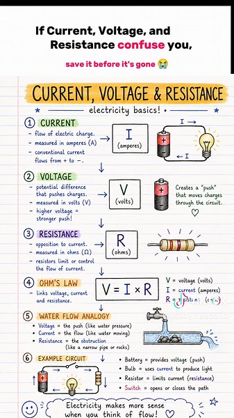 ⚡ Current, Voltage & Resistance explained in the easiest way! 📚 If electricity has always been confusing, this cheat sheet breaks it down into simple notes, easy diagrams, and Ohm's Law that you can remember for exams. Perfect for high school students and beginners. 💡 Learn: • Current (I) • Voltage (V) • Resistance (R) • Ohm's Law (V = I × R) • Water flow analogy • Simple circuit basics 📌 Save this for revision and share it with a friend who needs help with physics! #Physics #Electricity #Cur