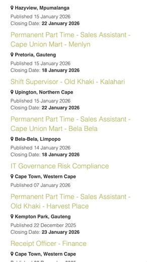 Cape Union Mart is recruiting the following: Permanent Part-Time Sales Assistant Location: Bela-Bela, EMalahleni, Sandton, Upington, Boksburg, Hazyview, Cape Town, Kempton Park, Bloemfontein, Potchefstroom and Welkom. Apply online: https://capeunionmart.simplify.hr/ Opportunities With Thabang WhatsApp Channel: https://whatsapp.com/channel/0029Vadi8px42DcfdTWUPa30 Good Luck! #OpportunitiesWithThabang | Mabulana-Maseko Foundation