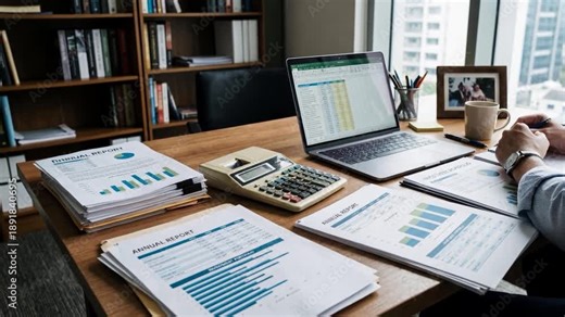 Gentle leftward camera pan across modern office desk setup: laptop with open spreadsheet, vintage adding machine, tax documents, portfolio charts, coffee mug, stacked papers