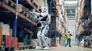 Warehouse robot scanning barcodes on cardboard boxes with two workers in the background