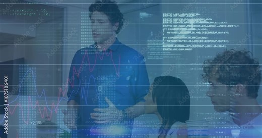 Presenter using gestures to explain business data as peer sips coffee showing animated line graphs