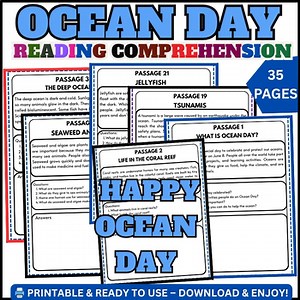 Ocean Day Reading Comprehension Passage Activities, 3rd 4th 5th 6th 7th Grade