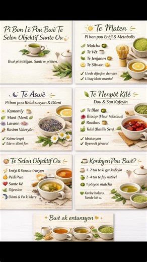 ⸻ 🚨 STOP BWÈ TE SAN W PA KONNEN SA L AP FÈ NAN KÒ W! 🍵🔥 Ou leve maten… ou bwè kafe. Ou pa ka dòmi… ou pran nenpòt te. Men èske w konnen chak te gen lè pa li? 👀 🌞 Gen te ki boule grès 🌙 Gen te ki kalme estrès ❤️ Gen te ki pwoteje kè w ✨ Gen te ki fè po w klere Men si w bwè yo nan move lè… OU KA RATE REZILTA A. ❌ Se pa tout sa ki natirèl ki mache menm jan pou tout moun. Se pa bwè plis ki fè l mache. Se BWÈ L AK ENTANSYON. 🎯 Fanmi, sante nou pa jwèt. Aprann kijan pou w sèvi ak sa Bondye mete