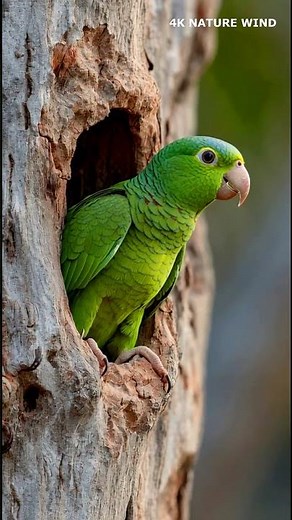 Green Parrot in Its Self-Made Nest Inside a Tree Hole | 4K Nature Wind