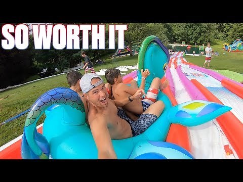 WE FLEW 2,108 MILES FOR FOUR HOURS ON THE WORLD’S BIGGEST BACKYARD SLIP N SLIDE | SHARER FAM PARTY