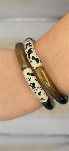 UNIQUE PIECE - Duo of Graphic Black & Gold Bangle Bracelets, Speckled Marble Effect, Modern Tube Bracelets, Size 16-19 Cm, Mother's Gift. - Etsy