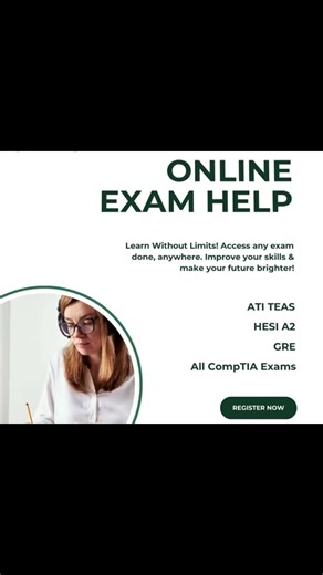 ONLINE EXAM HELP Learn Without Limits! Access any exam done, anywhere. Improve your skills & make your future brighter! ATI TEAS HESI A2 GRE All CompTIA Exams #nurse #nurselife #nursingstudent #nursingschool #atiteas