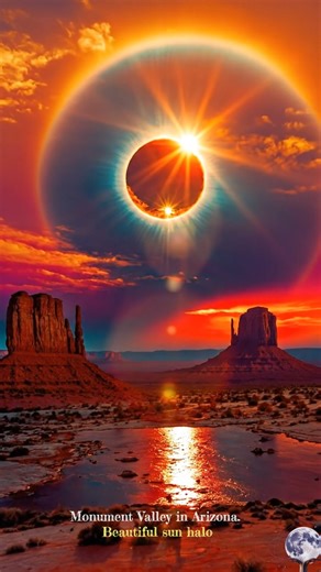 Solar Halo Over Monument Valley, Arizona ☀️ A breathtaking solar halo crowns the desert sky above Monument Valley — a perfect ring of light suspended over the red sandstone monoliths. This rare optical phenomenon occurs when sunlight refracts through millions of ice crystals drifting high in the atmosphere, bending light into a glowing circle of fire and color. As the desert reflects the fading sun, the scene becomes almost cosmic — where Earth’s oldest stones meet the heavens in radiant harmony