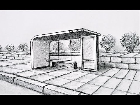 How to draw in two point perspective, a bus stop with scenery