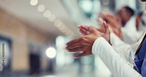 Hands, support and applause with business people at work in celebration of a bonus, award or achievement together. Target, goal or motivation with an employee group cheering a promotion in the office