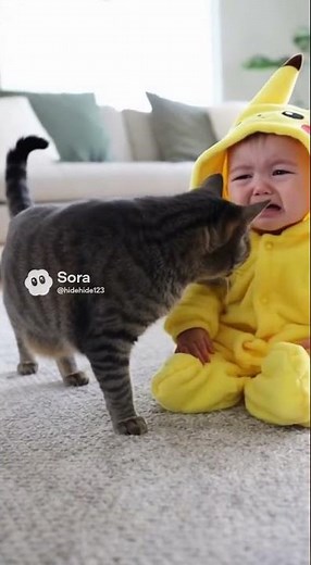 ハロウィン🎃衣装でギャン泣き👶🐈 Pikachu is crying uncontrollably 😭 A cat is trying to comfort him 🐈 #赤ちゃんと猫