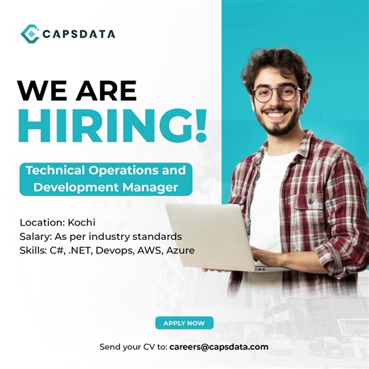 Capsdata Technologies Pvt.Ltd on Instagram: "🚀 CAPSDATA is Hiring! We’re looking for Technical Operations & Development Manager to lead, build, and scale our tech operations. 📍Location: Kochi Skills: C#, .NET, DevOps, AWS, Azure Salary: As per industry standards 📩 Send your CV to careers@capsdata.com 👉 Apply now and be part of our growth journey. #hiring #infoparkjobs #techjobs #itjobs"