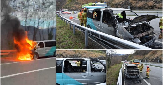 Furgone in fiamme sull'A2