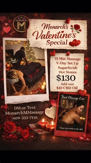Monarch Massage & Movement|Bodywork Specialist on Instagram: "Valentines is Near .., The Monarch Valentine’s Experience is 75 minutes with hot stones, a sugar scrub, and a whole vibe that actually makes you feel different walking out. Book for you or your partner. Honestly… probably both. Limited spots available. Text 409-333-7116 or DM MonarchMMassage to book."
