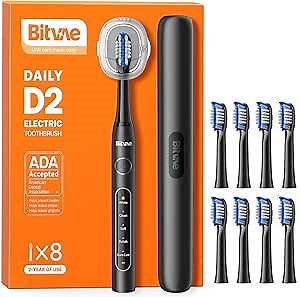 Bitvae ADA Accepted Electric Toothbrush, Travel Toothbrush Rechargeable for Adults and Kids, 60-Day Battery, 5 Modes, 8 Heads, Portable Travel Case & Holder, Shadow Black