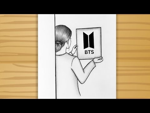 BTS Fan Art Drawings - How to draw a BTS Girl holding bts logo / BTS logo pencil sketch tutorial