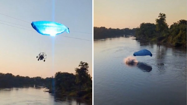 Watch: Paraglider crashes into power line and falls into North Dakota river