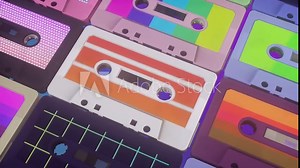 Multicolored audio cassette tapes loop motion background. Retro old cassette tapes with a vintage film look and feel