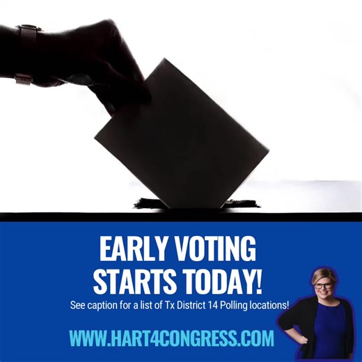 Early Voting Starts TODAY! I’ll be posting a list of voting locations for each county in District 14! Get out and VOTE! JEFFERSON COUNTY: Precinct 1 Service Center (Front Conference Room) 20205 W. Hwy 90 China, TX 77613 Rogers Park Community Center 6540 Gladys Ave Beaumont, TX 77706 Hebert Library (Community Room) 2025 Merriman St Port Neches, TX 77651 Ray Chesson Office Building (Courtroom) 19217 FM 365 Beaumont, TX 77705 Marion & Ed Hughes Public Library (Meeting Room) 2712 Nederland Ave Neder