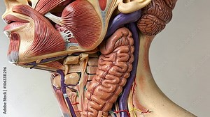 An anatomical model displays the intricate details of human neck anatomy, highlighting muscles, blood vessels, and portions of the digestive system in a realistic manner