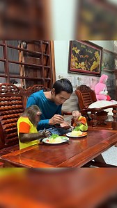 Dad feeds Cutis and the little monkey dinner by the Christmas tree #cutis #cutismonkey #cutisASRM | Cutis