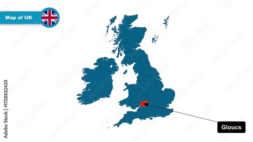 Gloucs Map Video, UK map, Political Map of United Kingdom, with all states, national flag and borders, travel, education, geography, and global studies.