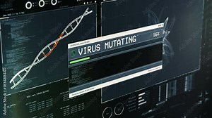 Virus modification on screen, DNA mutation, biological weapon creation in lab. Medical software interface with DNA scan results, virus mutation, lab equipment, biochemistry