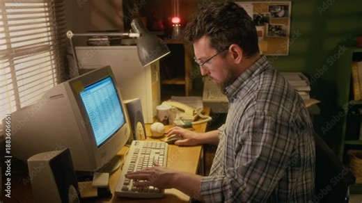 Medium side shot of busy middle-aged Caucasian man working on financial report in spreadsheet program on vintage desktop computer with CRT monitor at home office, using keyboard and wired mouse
