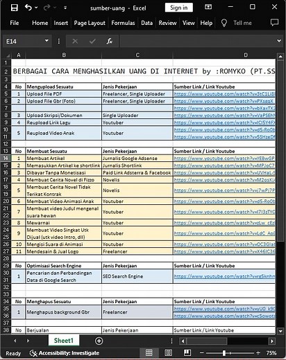 Ada 30 cara mendapatkan uang dari Internet. Semua disimpan di dalam 1 file excel. Unduh filenya di sini : https://shorten.tv/downloadExcel | Romyko Situngkir