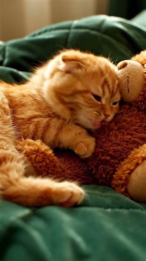 Cuteness Overload: Orange Cat's Adorable Teddy Bear Cuddle!