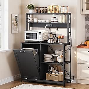 HOOBRO Bakers Rack with Power Outlet, Microwave Stand with Trash Can Bin Cabinet, 5-Tier Kitchen Storage Shelf Cabinet, Tall Coffee Bar Table Station for Dining Room, Living Room, Black BB50UHB01