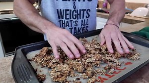 Homemade no sugar, no oil granola! So easy to make. Amazing for smoothie bowls and vegan treats! RECIPE 1 1/4 cup rolled oats 1/4 cup sunflower seeds 1/4 cup pumpkin seeds (chopped) 1/4 cup coconut flakes or shredded coconut 2 tsp ground cinnamon 1-2 tsp vanilla extract 4 medjool dates, pitted 1/2 cup water pinch of salt (optional) 1/2 cup raisins (add after granola is done baking - optional) Preheat oven to 300 degrees Celsius. 1. Mix dry ingredients together in large mixing bowl. 2. Add water,