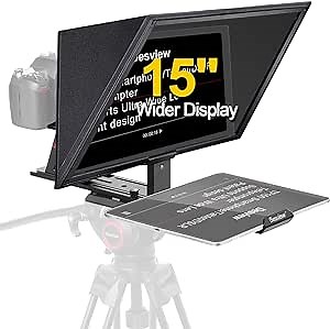 Desview TP150 teleprompter 15 inch High Display Mirror Aluminum Alloy Teleprompter with Remote Control Compatible with ipad DSLR Camcorders Easy Assembly with Carry Case for Video Making