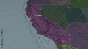 California - state of the United States zoomed on the administrative map of the globe. Animation 3D