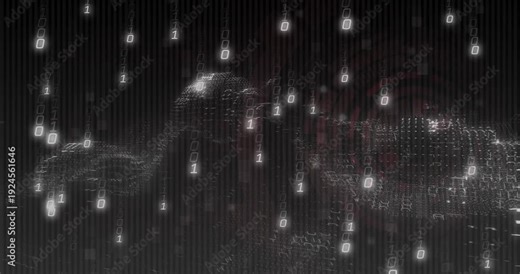 Scanline noise sparking falling 0s and 1s, dot-matrix terrain rising to visualize data flow