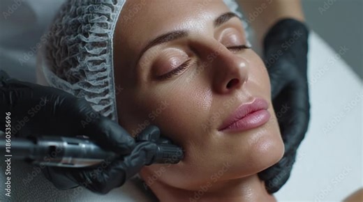 isual filler of microneedling treatment on woman face, close up cinematic beauty procedure, detailed skin care footage