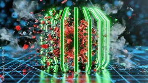 Artistic rendering of a virus contained within a glowing green cage on a digital grid