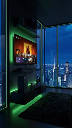 Alot.Design on Instagram: "Xbox black setup in a $3.2M NYC loft 🎮 . This luxury black Xbox gaming setup transforms a $3.2 million NYC loft into a cozy, immersive gaming space. Featuring a wall-mounted TV, floating black console, green ambient LED lighting, and floor-to-ceiling city views, this setup blends modern interior design with high-end gaming aesthetics. Perfect inspiration for Xbox setups, luxury gaming rooms, and modern apartment interiors. . #xboxsetup #gamingroom #nycloft #cozygamer
