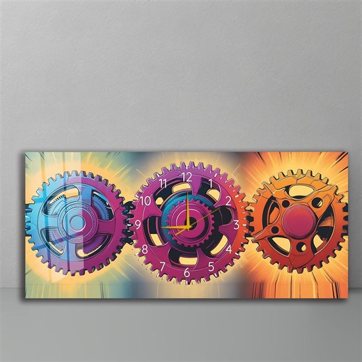Large Glass Wall Clock, 43x20" Horizontal Tempered Glass Art, Pop Art Colorful Gears Silent Clock, Modern Industrial Gamer Decor
