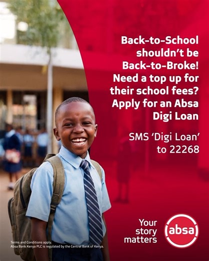 Fees? Books? Uniforms? Tumekuona.​ Get Red-Y for Back-to-School with Absa loans. Whether you need a top-up for school fees or support for back-to-school shopping, Absa Digi Loan has you covered.​ Let’s make January easier—ama unasemaje?​ SMS “Digi Loan” to 22268​ #WeSeeYourStory | Absa Bank Kenya