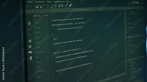 Close up of lines of code running on computer display in modern data center, monitoring security threats. PC software open on monitor used by server hub employees ensuring compliance with regulations