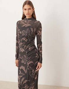 ASOS DESIGN long sleeve drape ruched front detail midi dress in dark print | ASOS