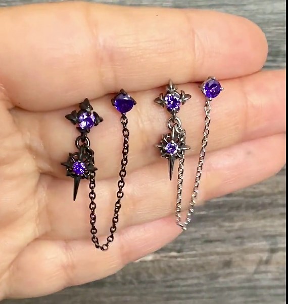 Purple Crystal Double Piercing Chain Earring: Gothic Starburst Stainless Steel Stud - Etsy