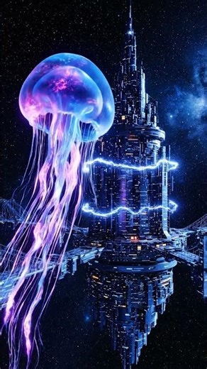 Cosmic Jellyfish Rampage | Star-Lit Space City Engulfed in Bioluminescent Chaos