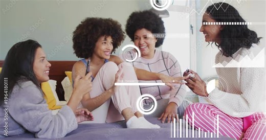 Four women on bed, second gesturing, rightmost painting nails for beauty, HUD overlays appearing