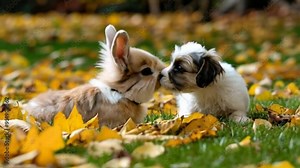 Autumn, a small puppy and a pet rabbit play on a lawn covered with yellow leaves, cute pets kiss