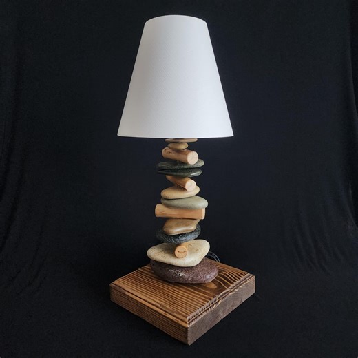 Rustic Stone Lamp, Warm Light Lampshade, Wooden and Rock Desk Lamp, Housewarming Gift - Etsy