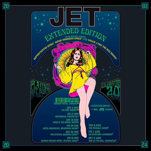 9.6K views · 22 reactions |  Not long now! Jet are making their way around Australia early next month! Celebrating the 20th Anniversary of Get Born, their Extended Edition of their celebratory tour begins May 9th.⁠ Final tickets are on sale now  lvntn.com/Jet2024 | Live Nation Australia | Facebook