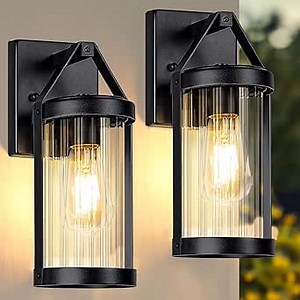 Brightever Outdoor Wall Light Fixtures, Waterproof Matte Black Exterior Wall Lantern Sconce Porch Lights, Outside Lighting with Clear Ribbed Glass for House, Garage, Front Door, 2-Pack