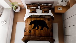 Manfei Rustic Bear Comforter Set 7 Pieces, Wild Animals Hunt Bed Set for Boys Adults, Brown Wooden Plank Bedding Queen with 1 Comforter,1 Fitted Sheet,1 Flat Sheet,2 Pillowcases,2 Throw Pillow Cover